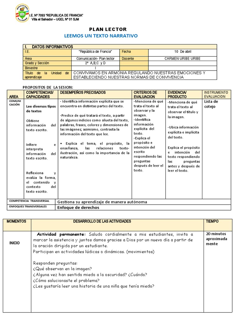 Sesion de Com - Plan Lector 10 de Abril | PDF | Evaluación | Ciencia ...