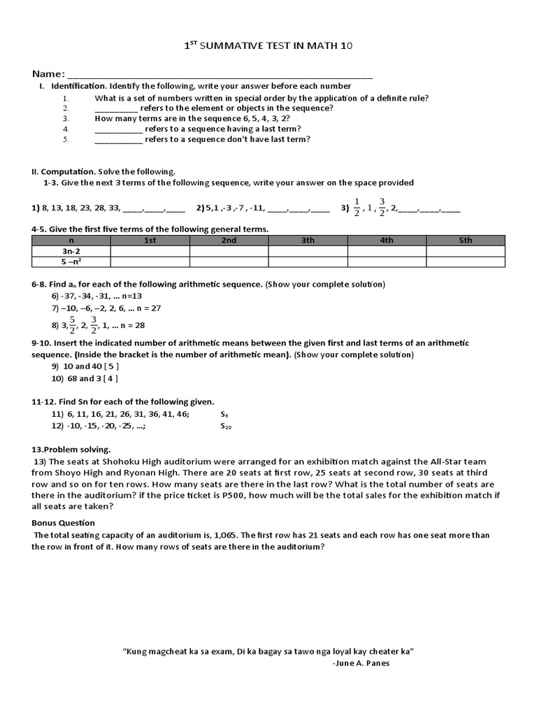 1ST Summative Test in Math 10 Ste | PDF | Mathematics | Sequence