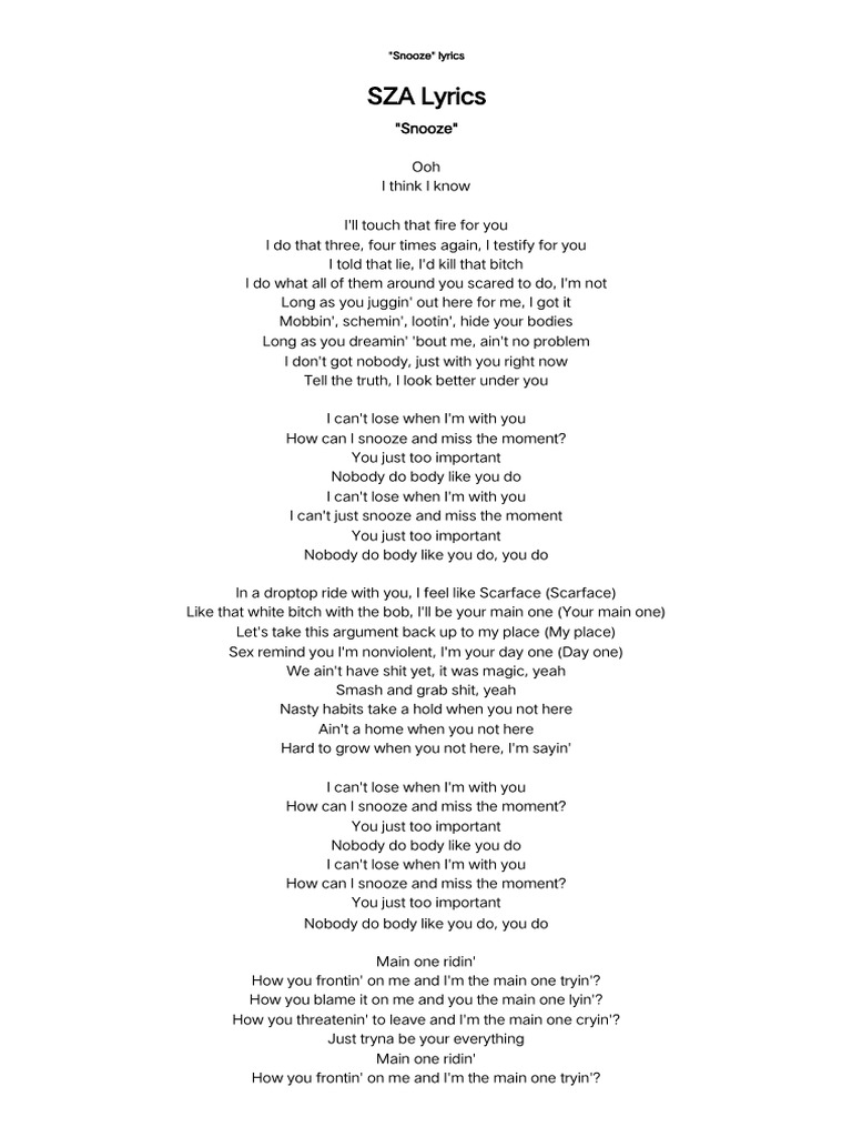SZA - Snooze Lyrics | PDF