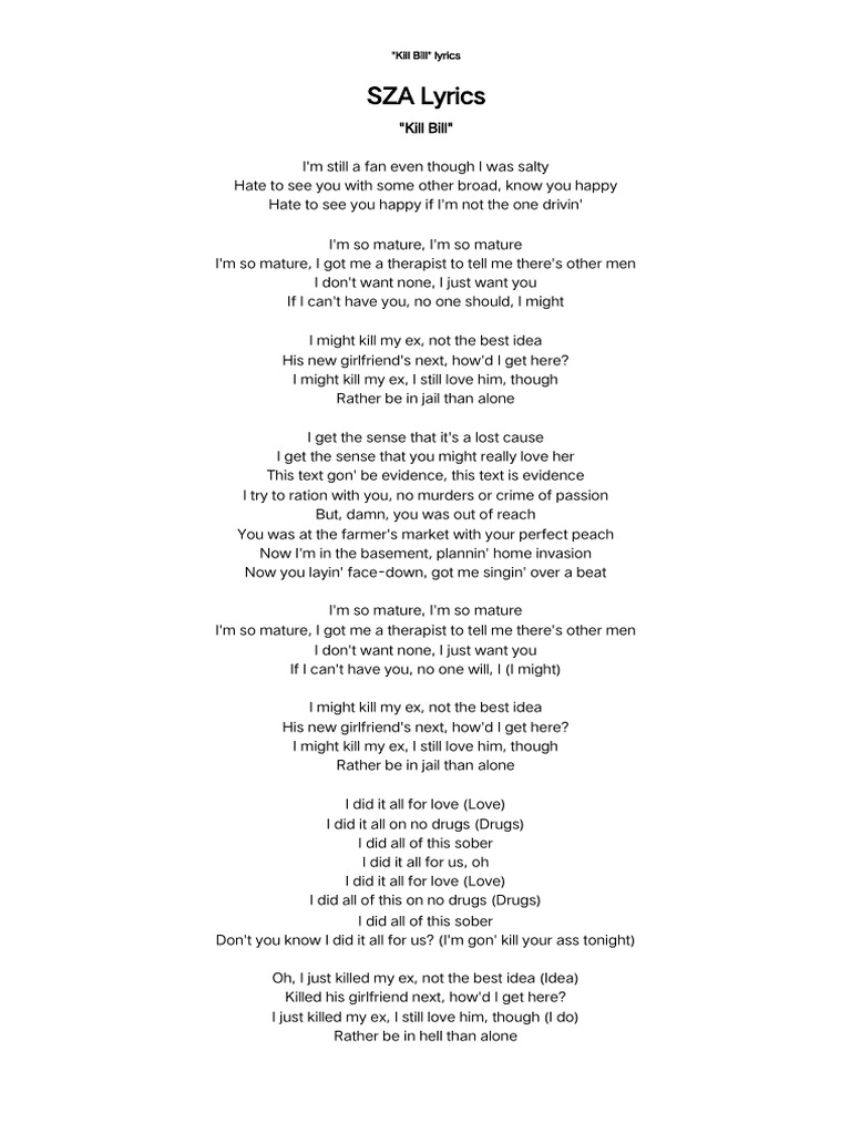 SZA Kill Bill Lyrics PDF