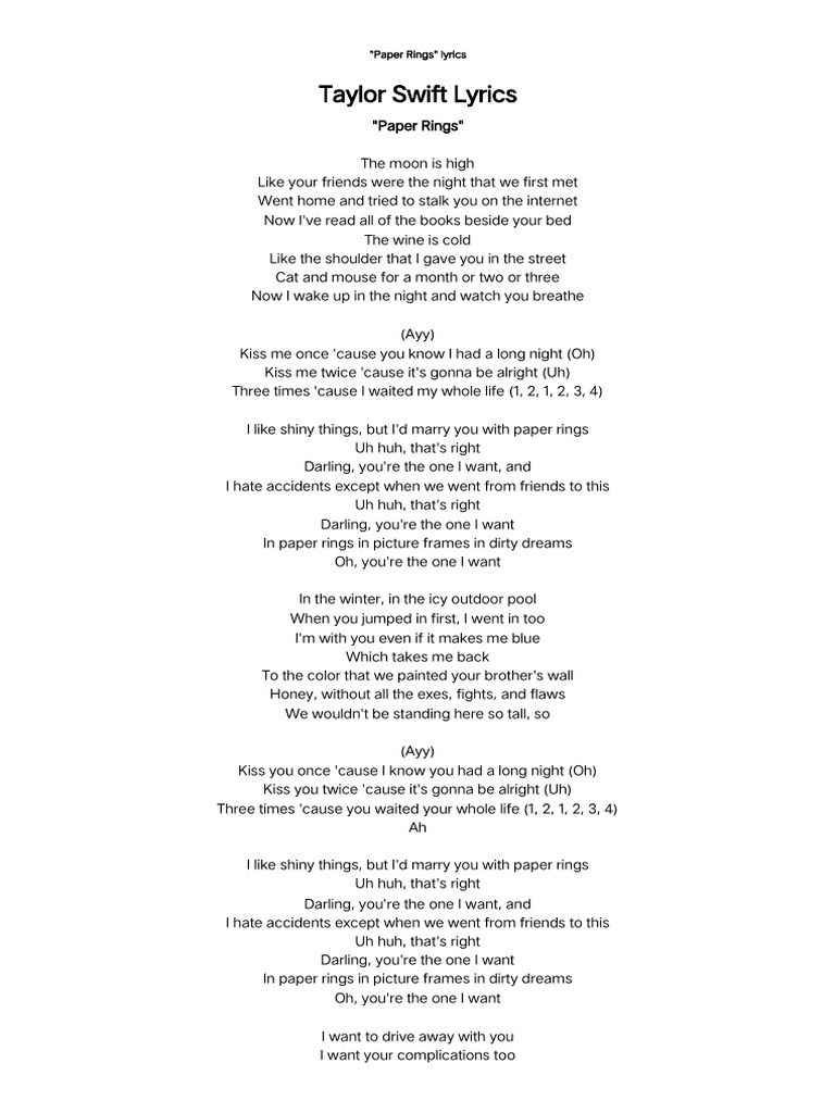 Taylor Swift - Paper Rings Lyrics | PDF