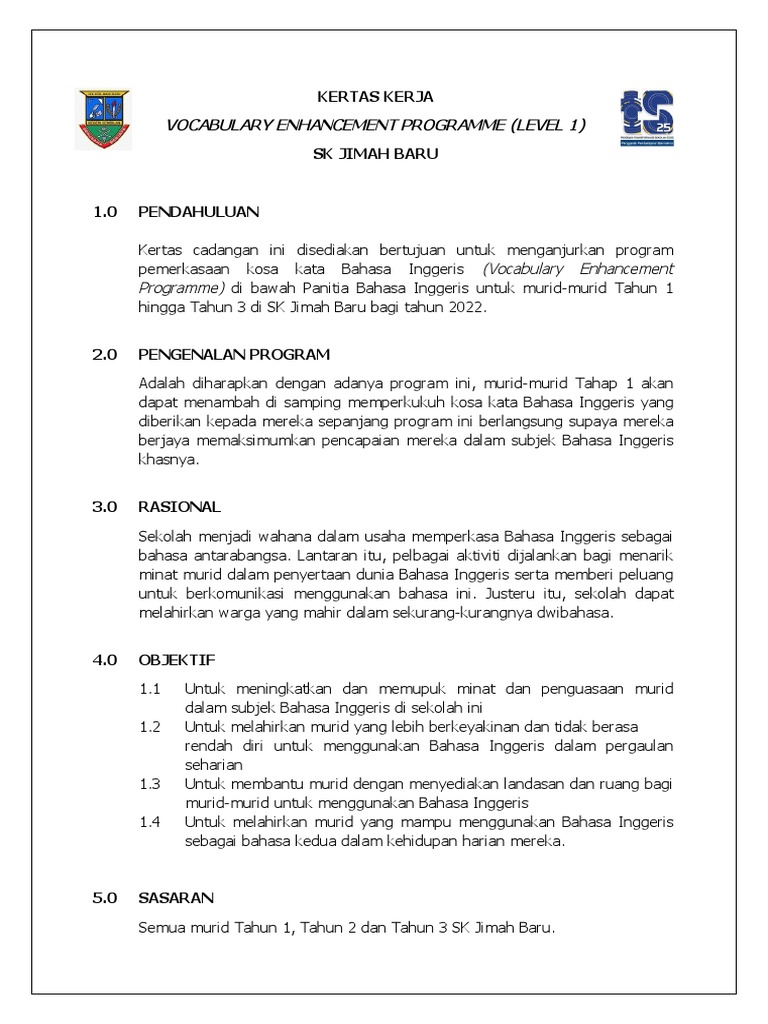 Kertas Kerja Vocabulary Enhancement Programme Level 1 | PDF