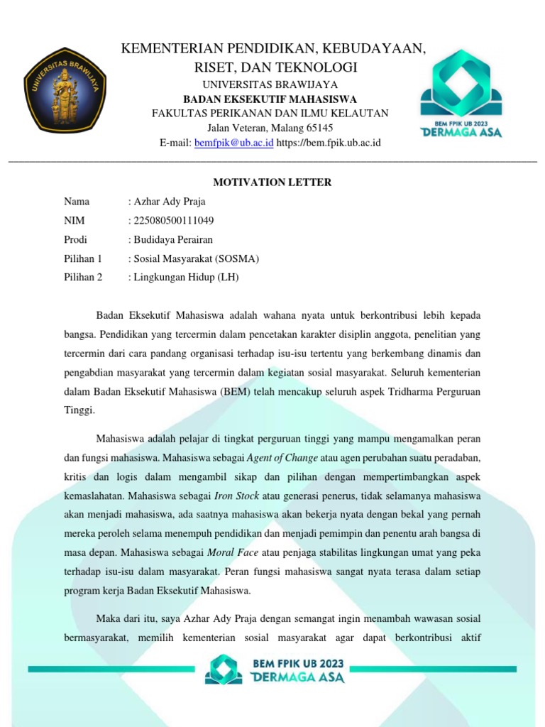 Motivation Letter BEM FPIK UB Azhar 2023 | PDF | Karier & Perkembangan ...