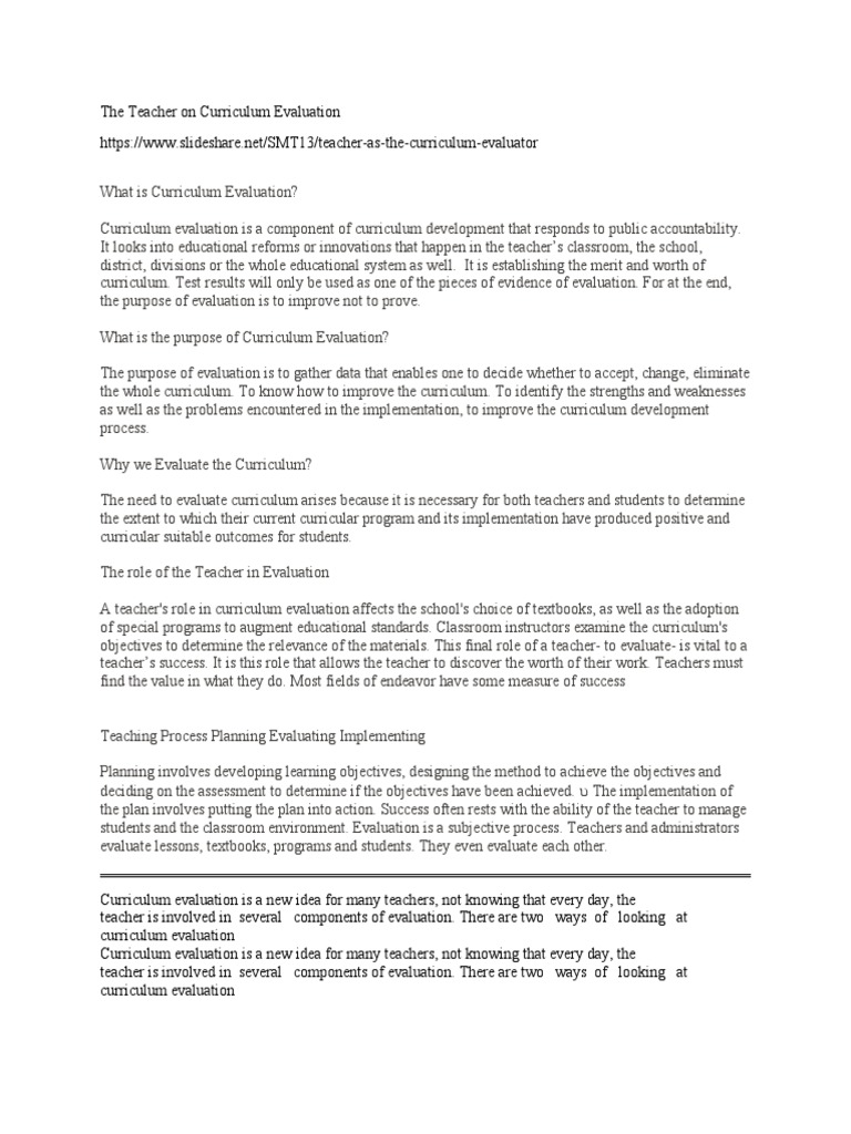 Teacher's Role in Curriculum Evaluation | PDF | Educational Assessment ...