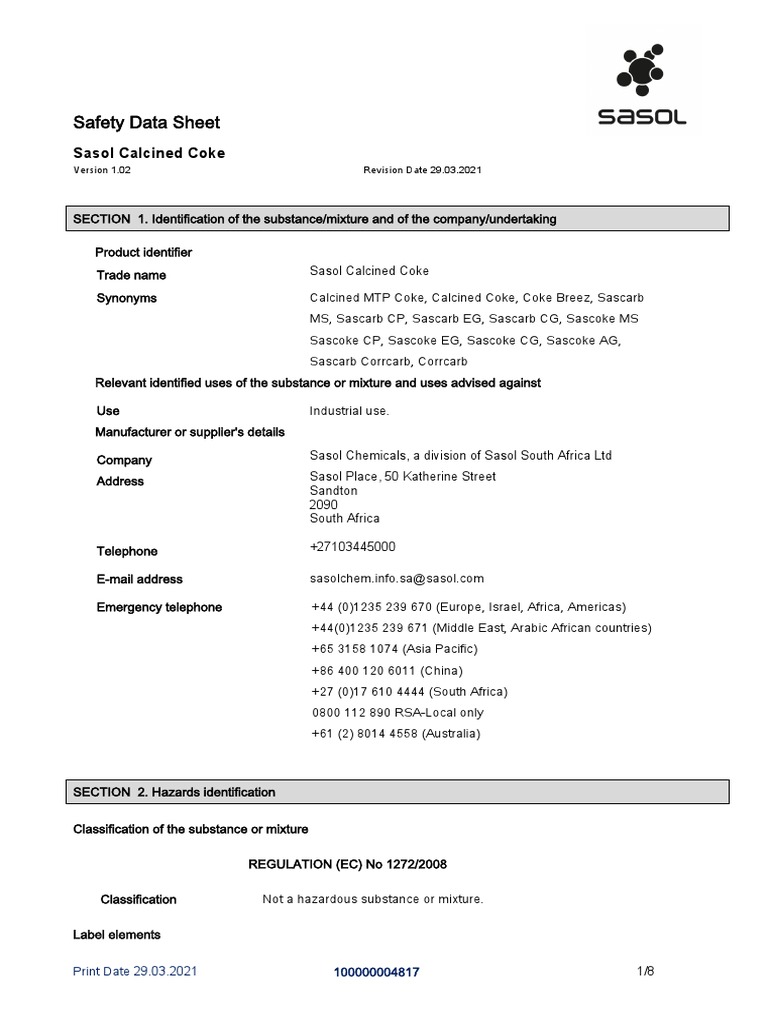 Sasol Calcined Coke Safety Data Sheet | PDF
