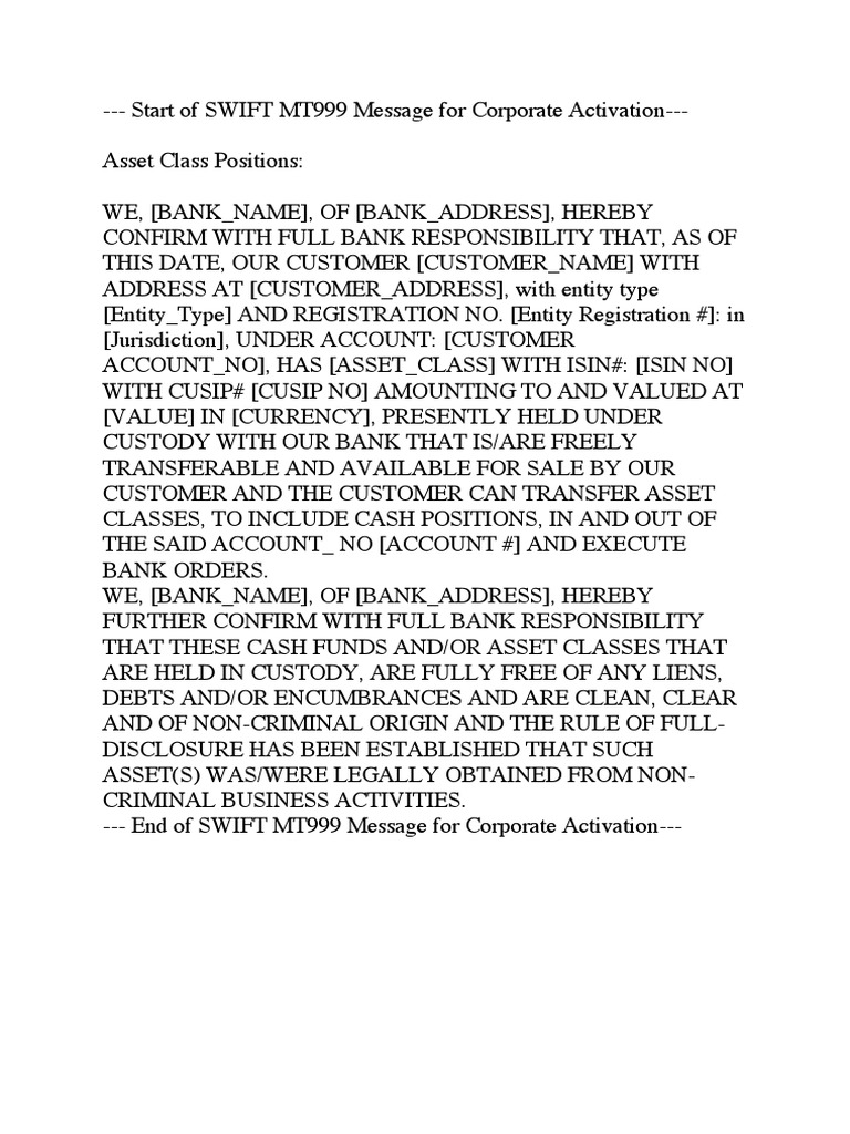 SWIFT MT999 Message For Corporate Asset Activation | PDF