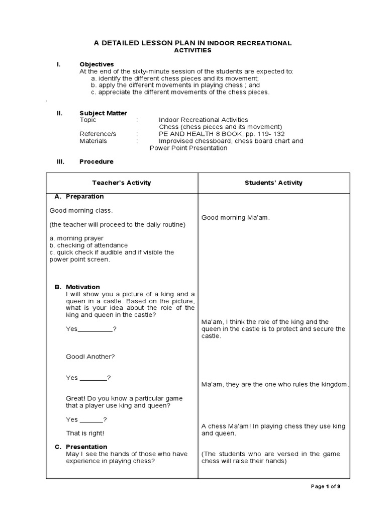 Chess Lesson Plan for Students | PDF