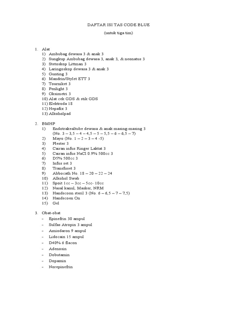 Daftar Alat dan Obat Code Blue | PDF