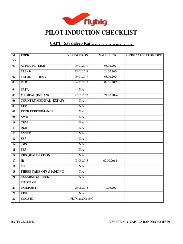 Pilot Induction Checklist New | PDF