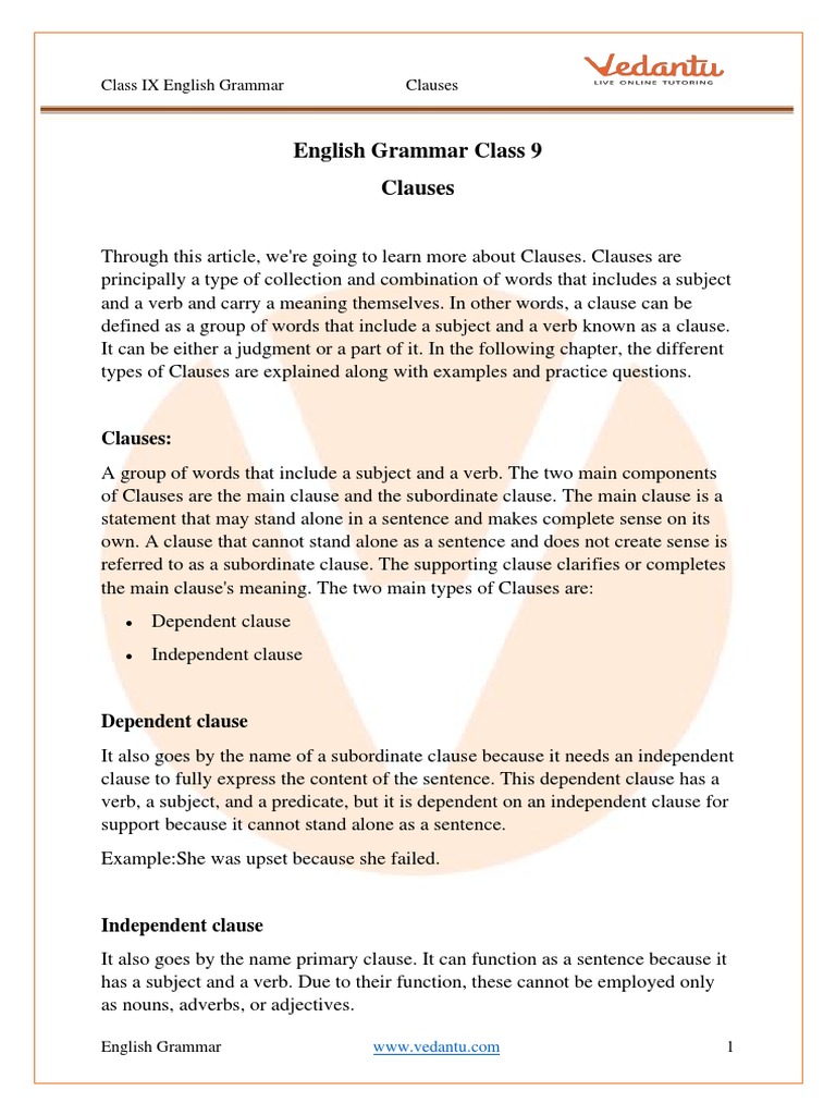 Class 9 Grammar: Understanding Clauses | PDF | Adverb | English Grammar