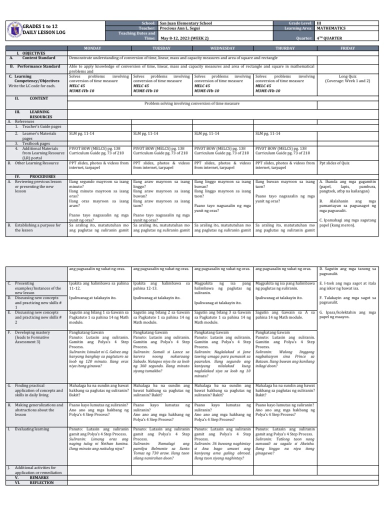 Math Lesson Plan: Week 2 Q4 | PDF | Curriculum | Learning
