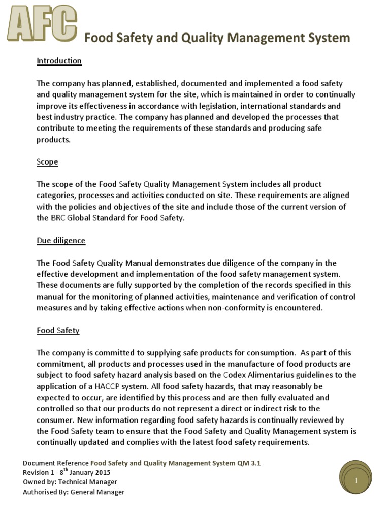 Food Safety Quality Management System | PDF | Food Safety | Quality ...