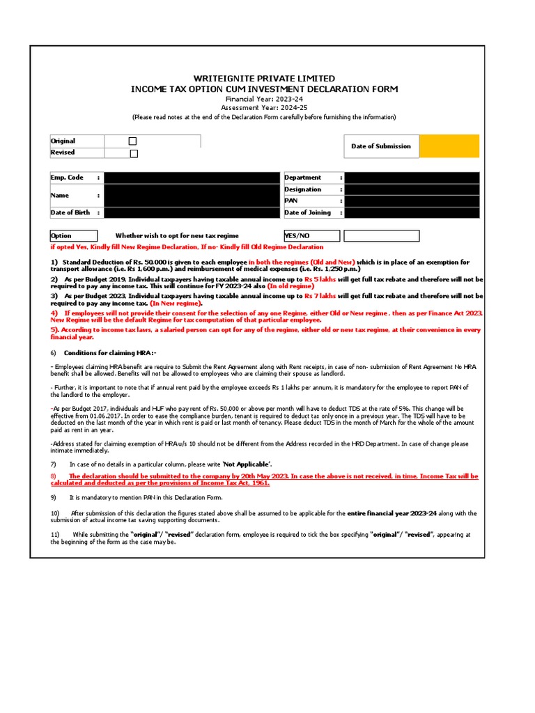 Investment Declaration Form F.Y 202324 PDF Taxes Tax