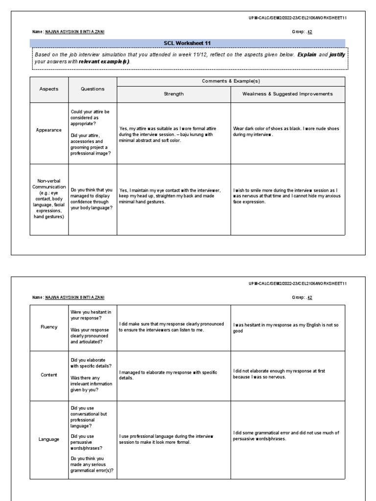 Job Interview Reflection Worksheet 11 | PDF | Gesture | Nonverbal ...