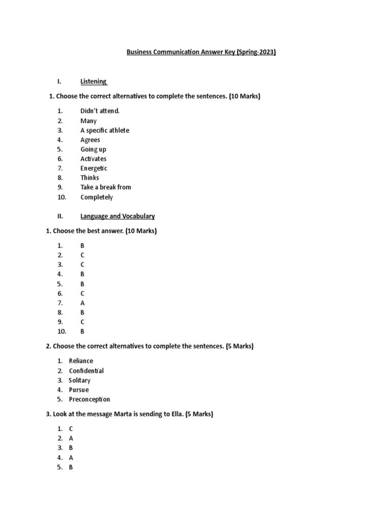 Business Communication Answer Key (Spring2023) PDF