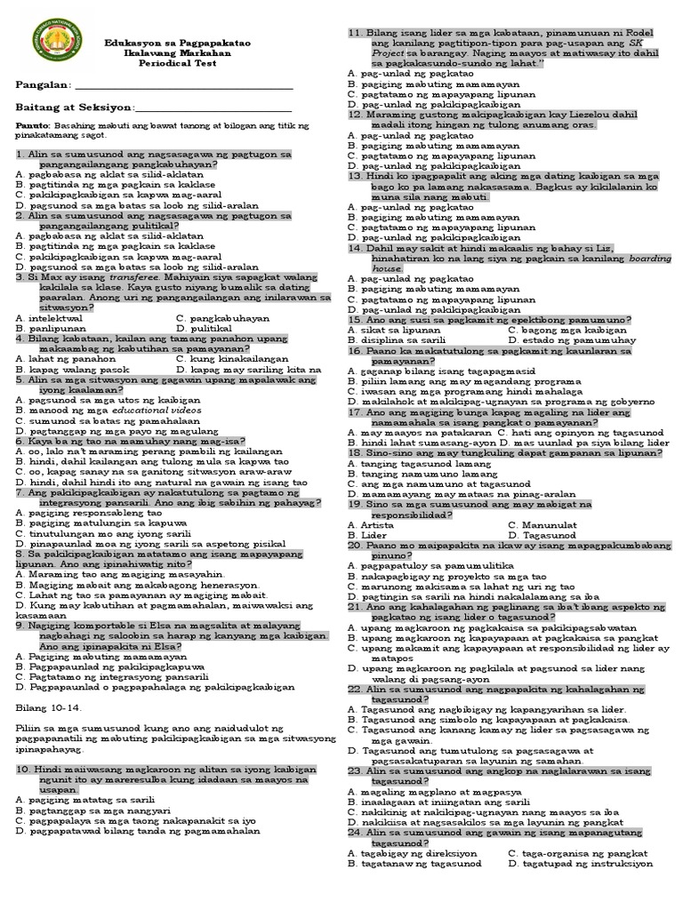 2nd Esp Periodical Test Draft Pdf