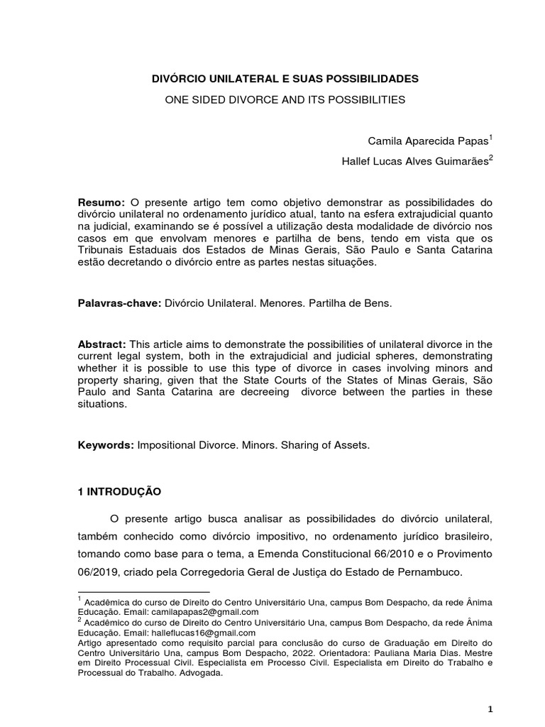 Tcc Divórcio Unilateral E Suas Possibilidades Download Grátis Pdf