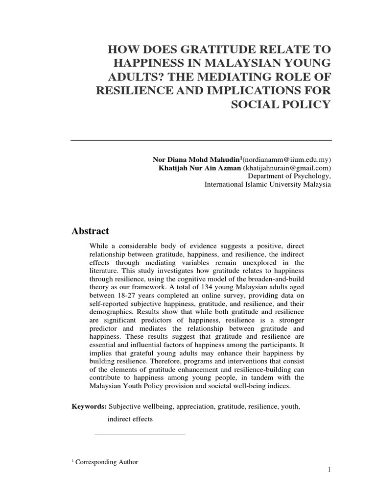 Ijsps How Does Gratitude Relate To Happiness In Malaysian Young Adults