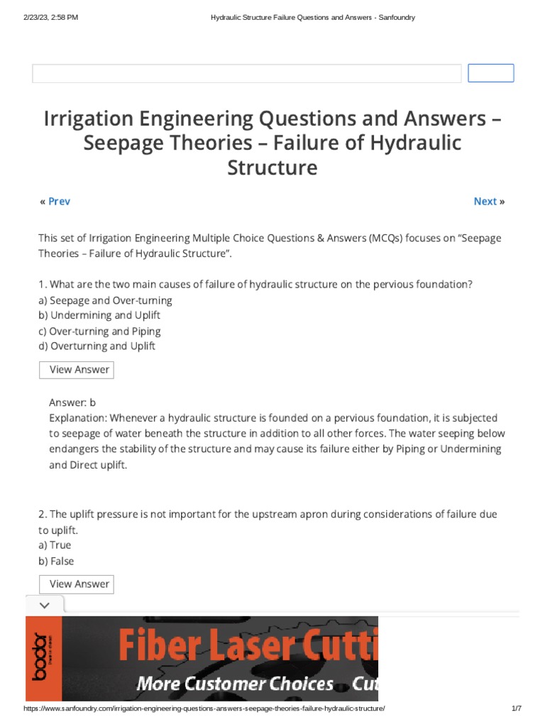 Hydraulic Structure Failure Questions and Answers PDF Soil
