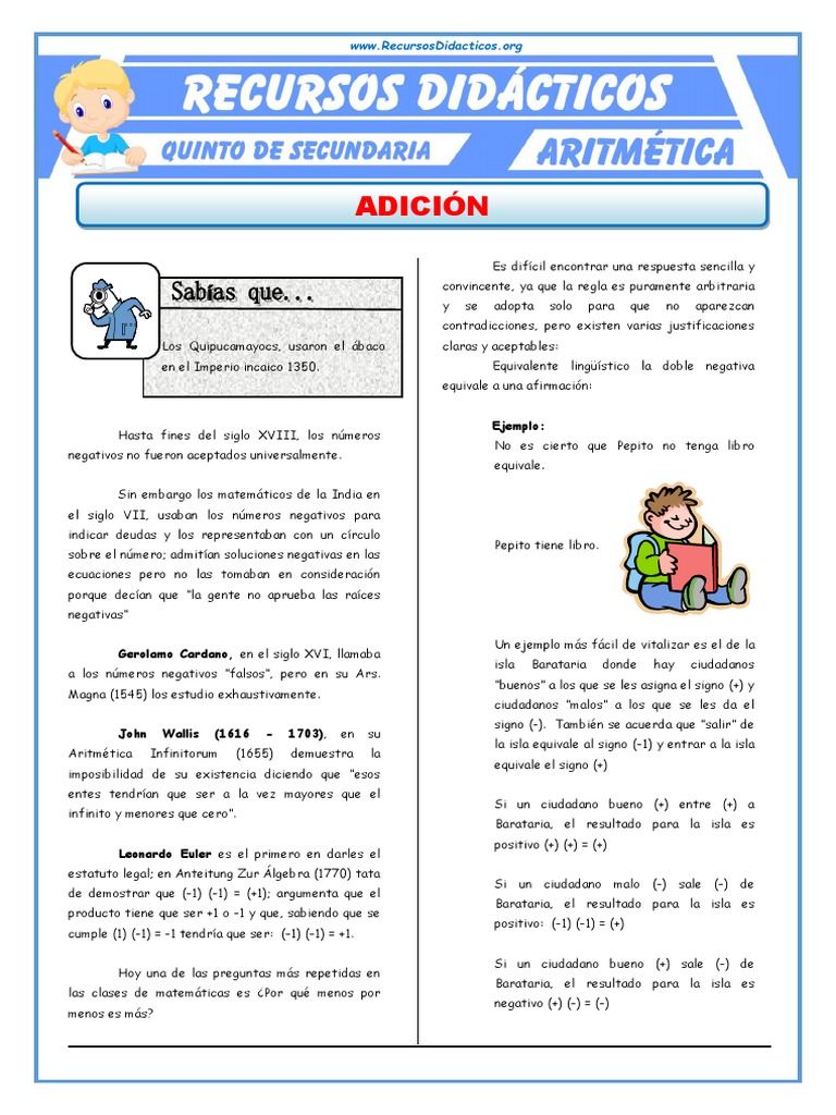 Ejercicios de Adición para Quinto de Secundaria | PDF