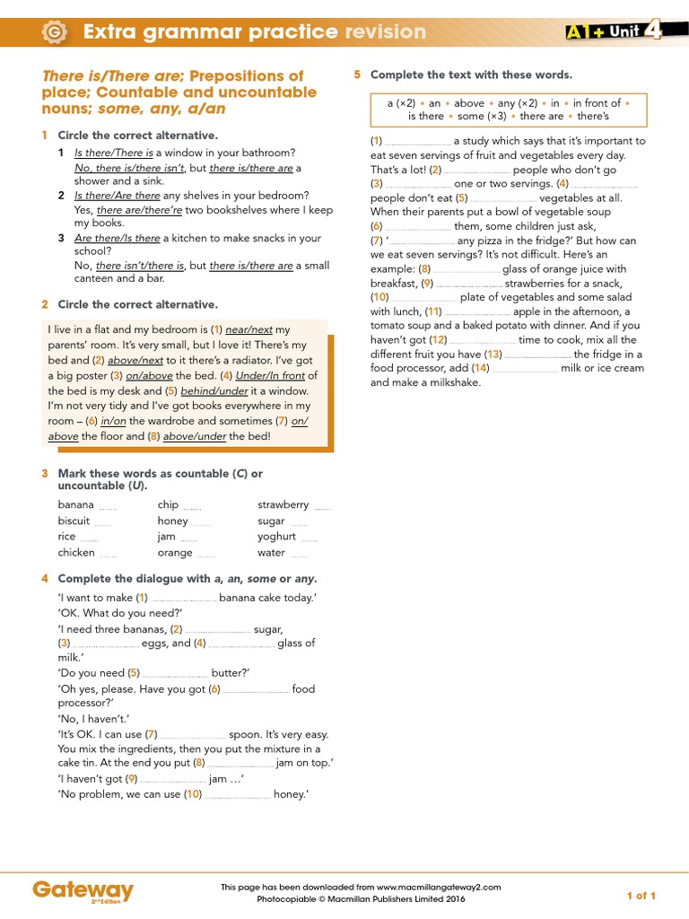 A1 Unit 4 Extra Grammar Practice Revision Pdf Food And Drink Cooking