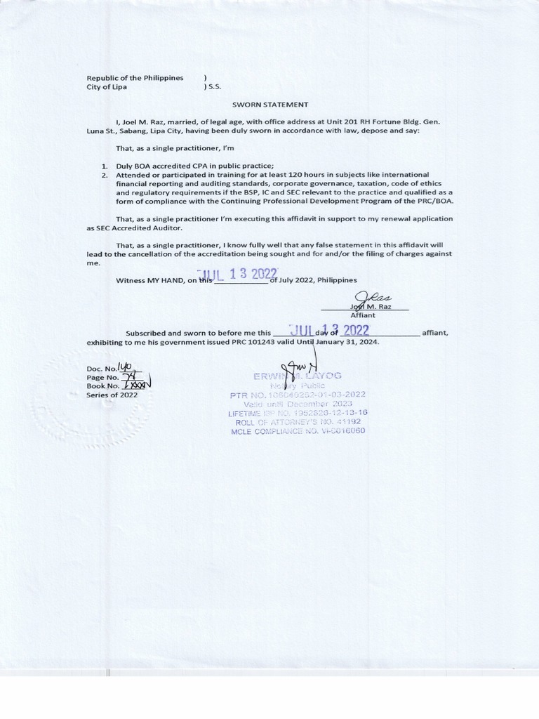 Sworn Statement and Certification | PDF