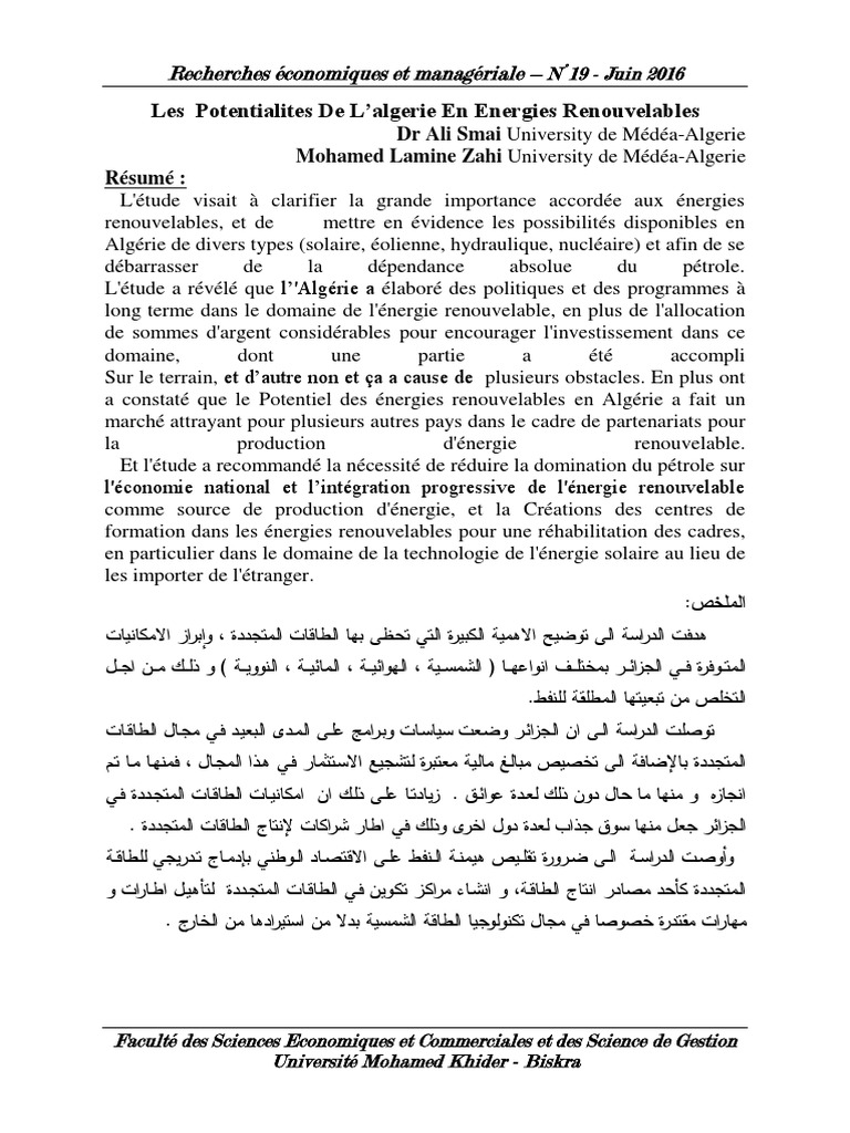 Potentiel des Énergies Renouvelables en Algérie | PDF | Énergie ...