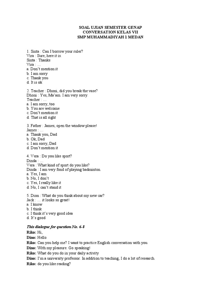 Soal Ujian Semester Genap Conversation Vii Pdf