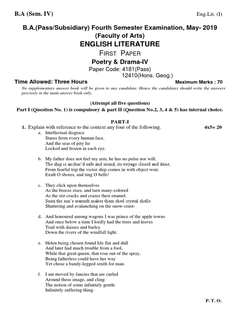 B.A - IV Sem Eng. Lit. Paper-Poetry Drama | PDF | Art | General Fiction