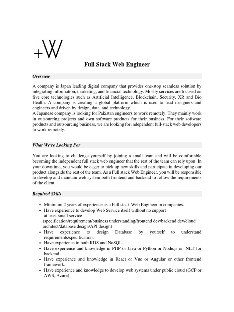 Remote Full Stack Web Engineer Role | PDF | Information Technology ...