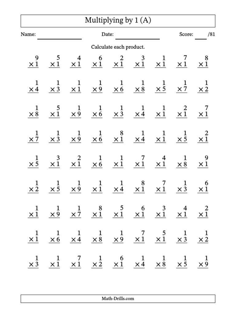 Multiplication Worksheet - Multiplying (1 To 9) by 1 (81 Questions ...