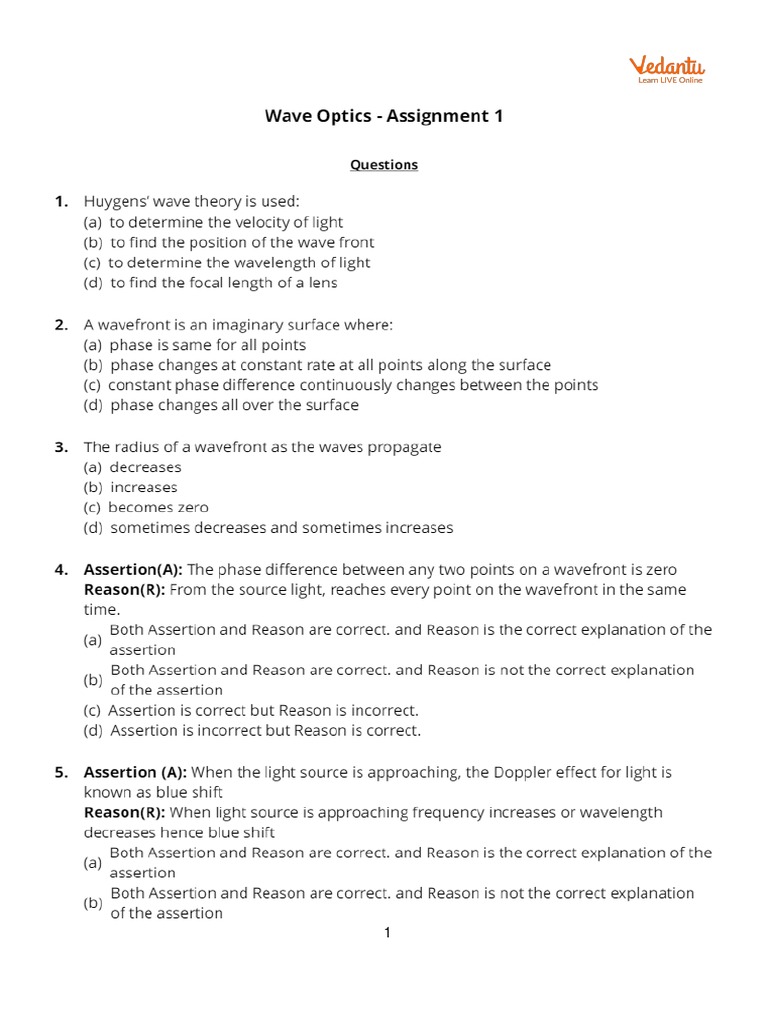 Wave Optics - Assignment 1 | PDF | Teaching Methods & Materials