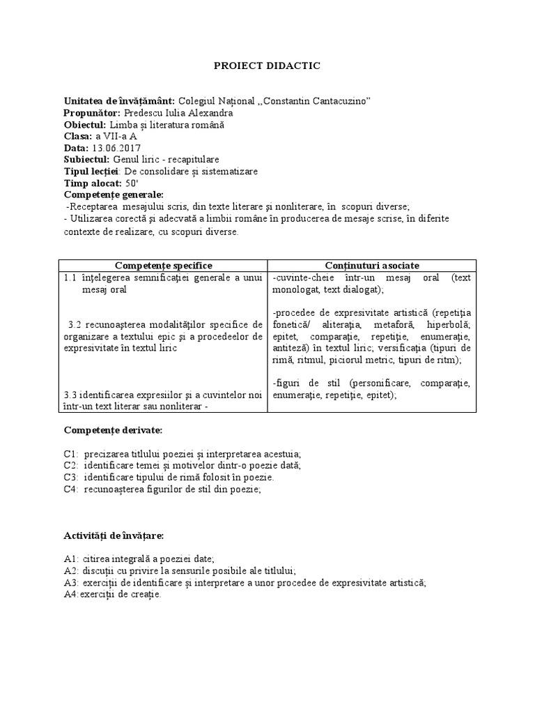 Proiect Didactic-Genul Liric | PDF