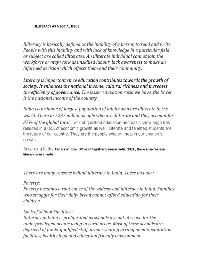 Illiteracy as a Social Issue in India | PDF | Literacy | Poverty