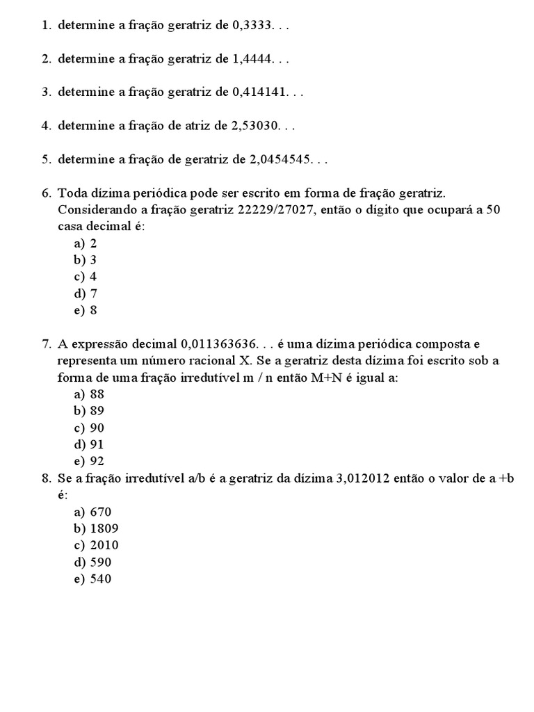 Frações Geratrizes de Dízimas Periódicas | PDF