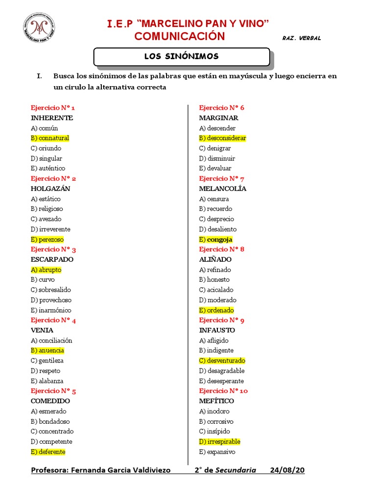 Practica de Sinonimos y Rsumen de Clase | PDF