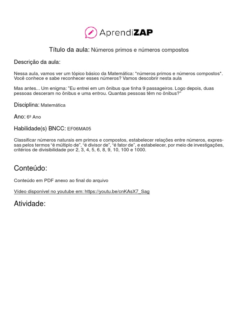 Numeros Primos e Numeros Compostos | PDF | Número primo | Divisão ...
