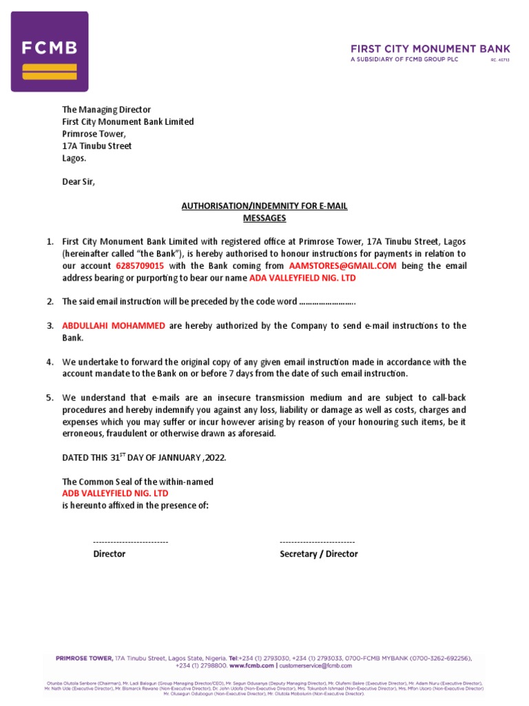 Email Indemnity For Corporate customersADB PDF