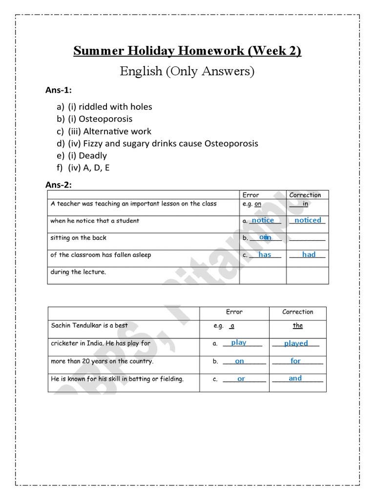 Summer holiday homework english pdf