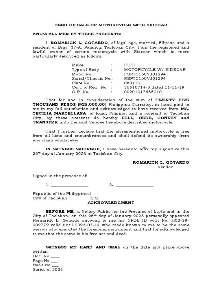Sale of Motorcycle with Sidecar | PDF