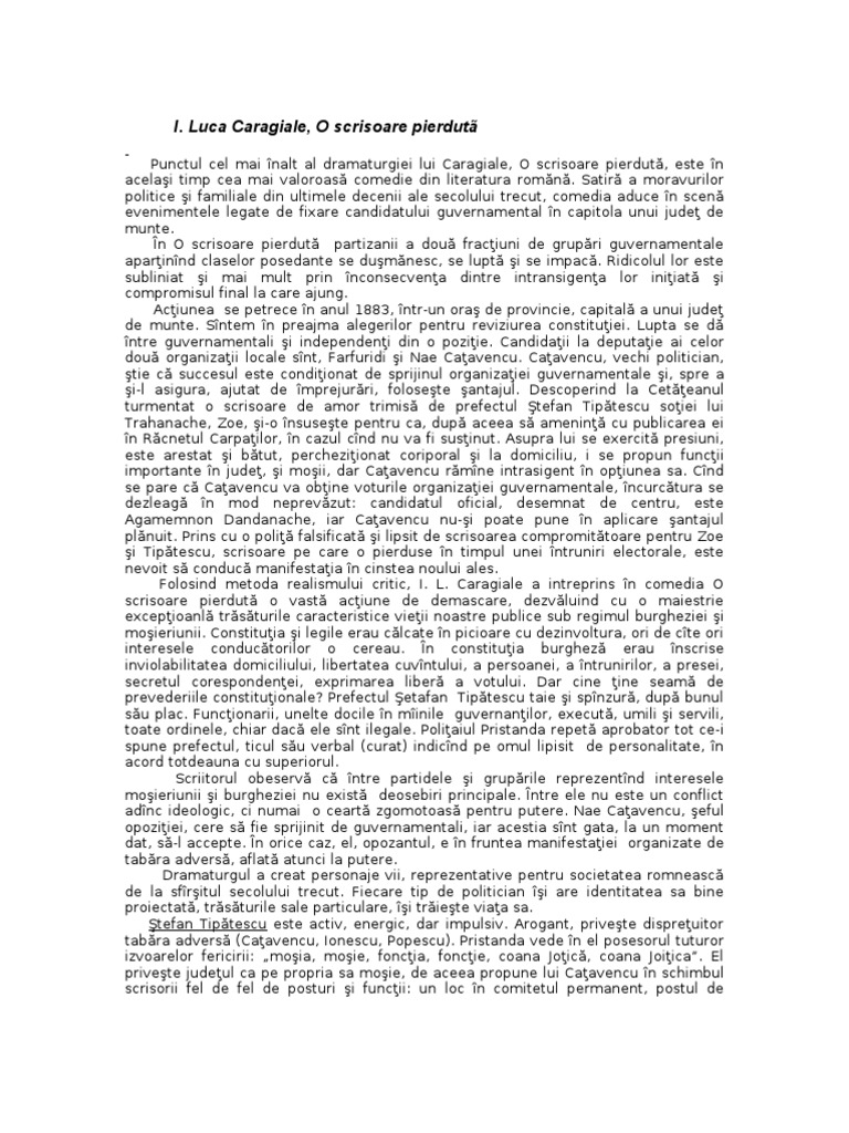 Ion Luca Caragiale - O Scrisoare Pierduta Comentariu 1