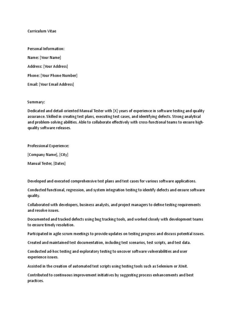 Cv Manual Tester Pdf Software Testing Agile Software Development