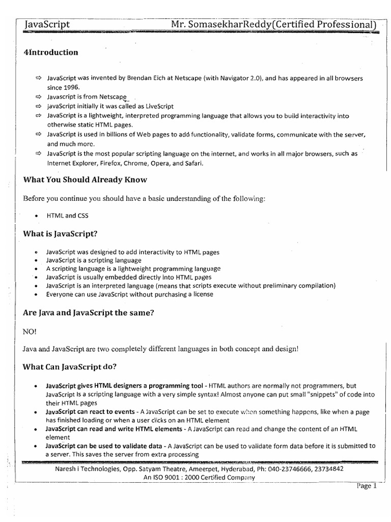 JavaScript Notes - Reddy | PDF