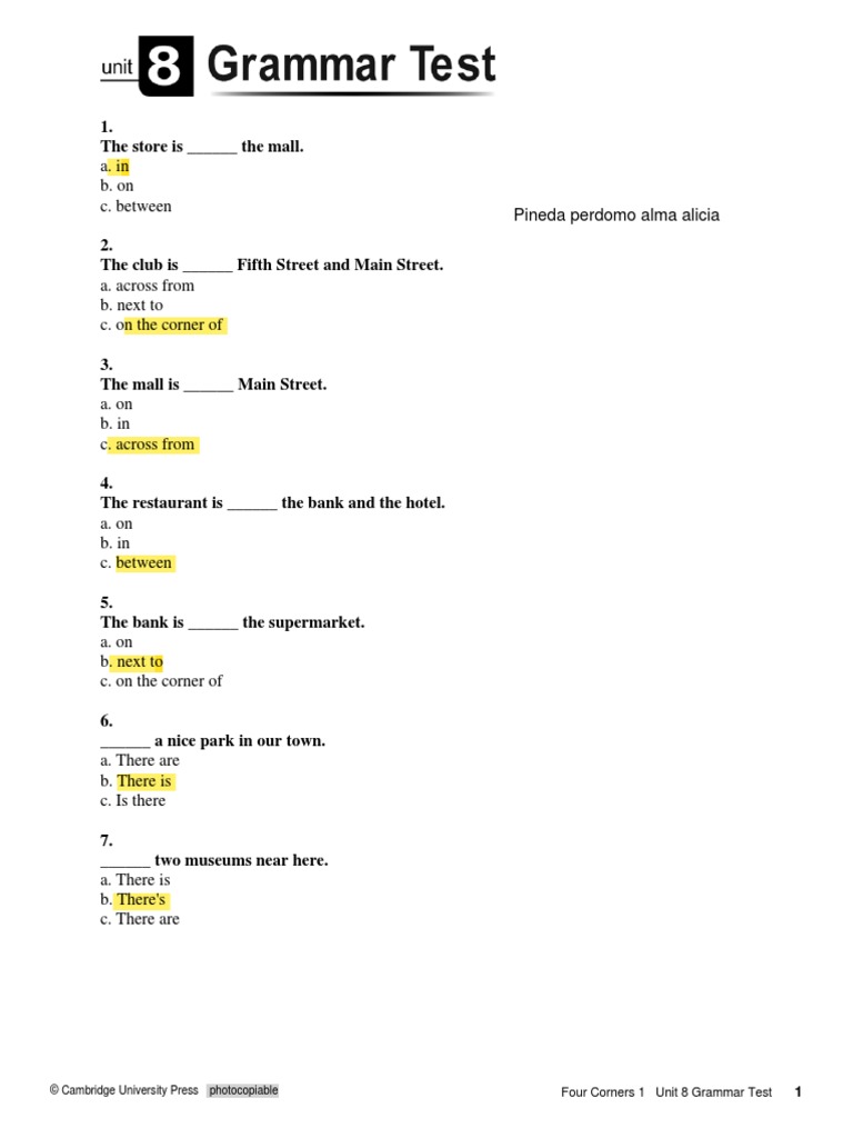 Unit 8 Grammar Test: Location Prepositions | PDF | Urban Planning ...