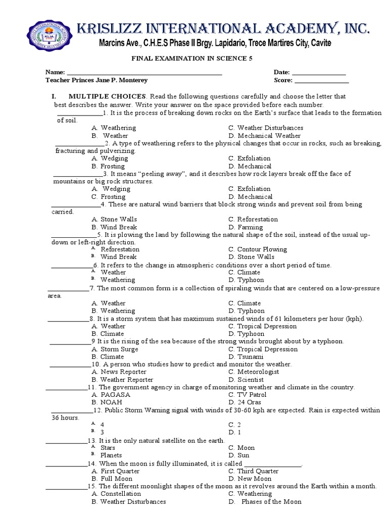 Science 5 Weather Exam Review | PDF | Weather | Wound