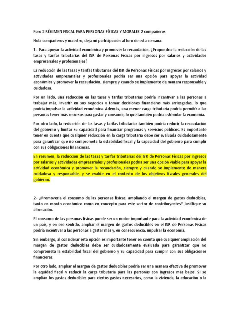Foro 2 RÉGIMEN FISCAL PARA PERSONAS FÍSICAS Y MORALES | PDF | Impuestos ...
