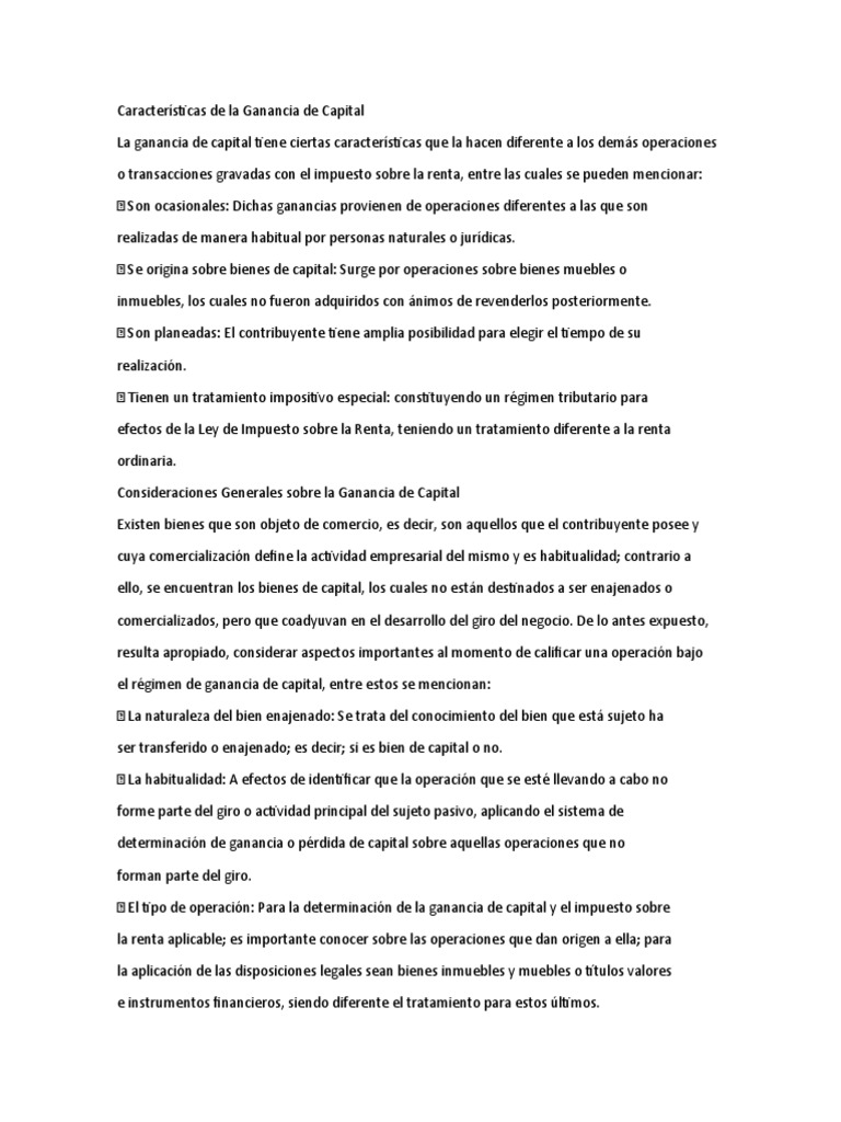 Características De La Ganancia De Capital Pdf Pagos Impuestos
