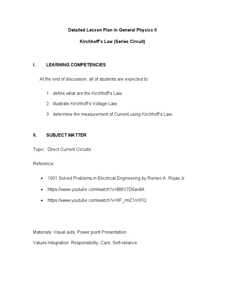 Kirchoff's Law Lesson-plan | PDF | Voltage | Electrical Network