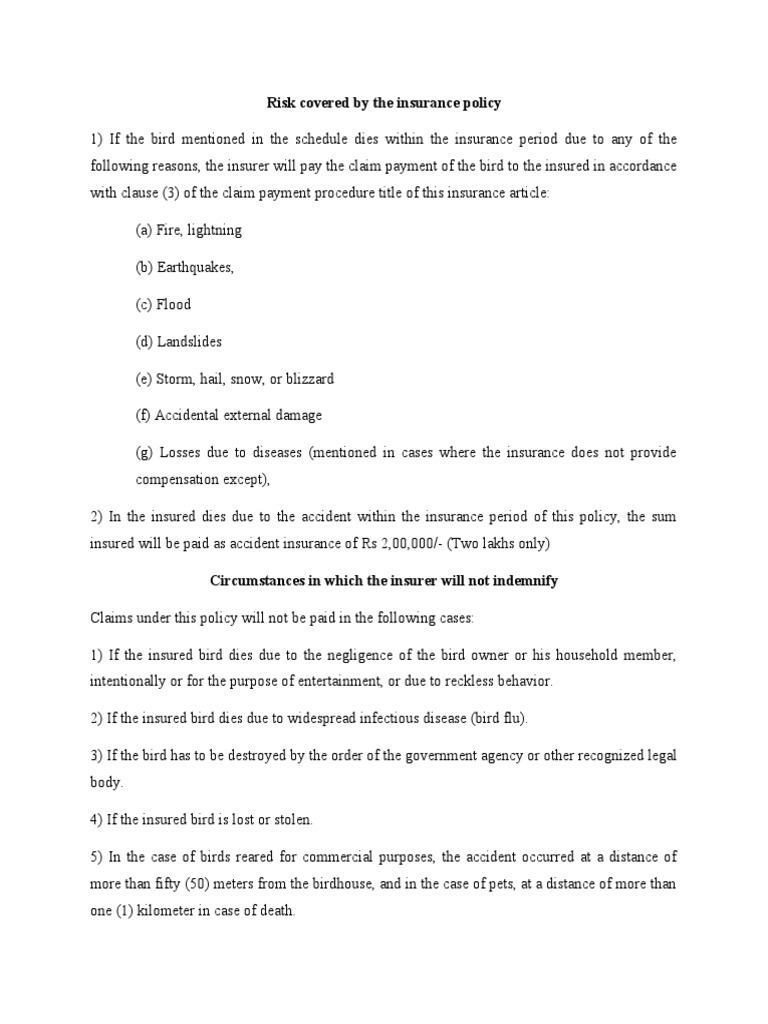 Bird Insurance Policy PDF Insurance Birds