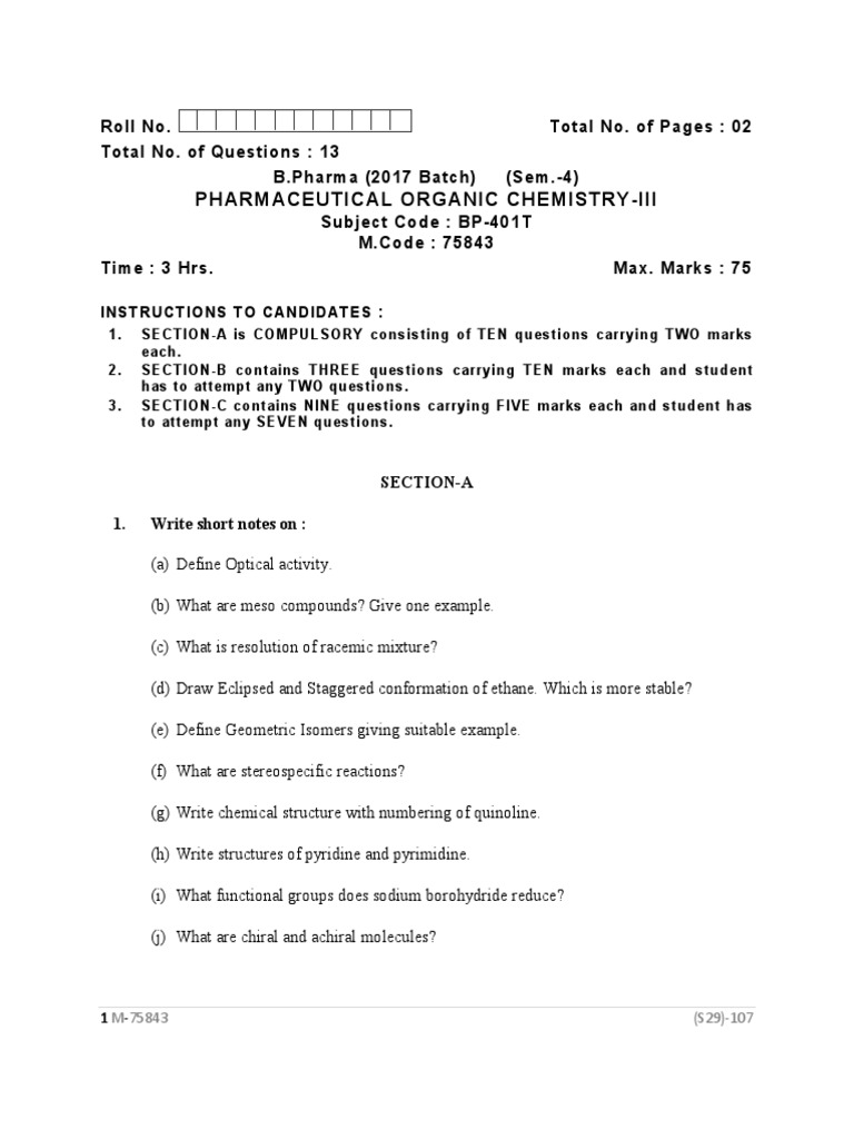 POC III Unit 4 Exam Questions | PDF | Chirality (Chemistry) | Isomer